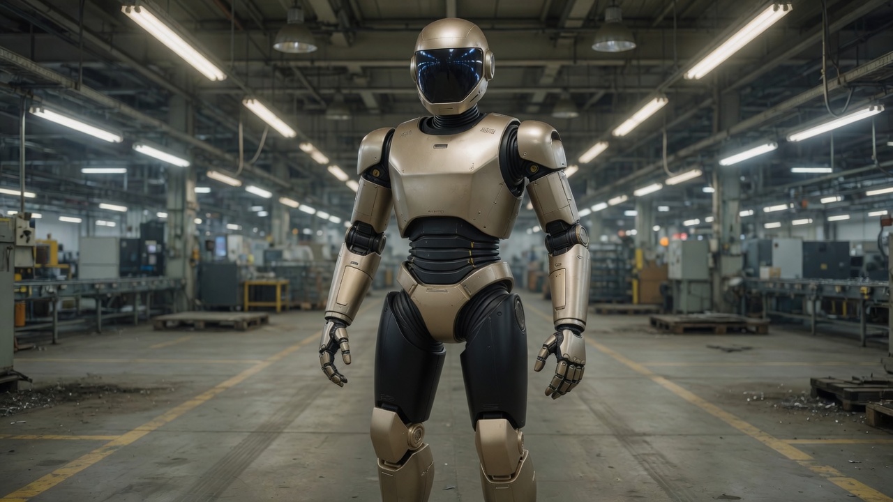 Champagne-and-black humanoid robot in a factory aisle